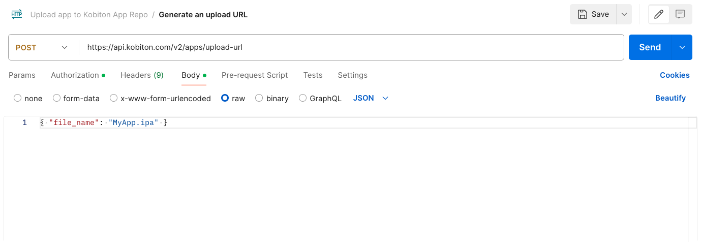Generate an upload URL request body