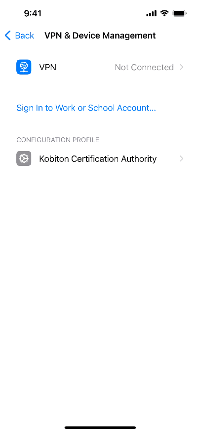 Select VPN and Device Management, then open Kobiton Certification Authority