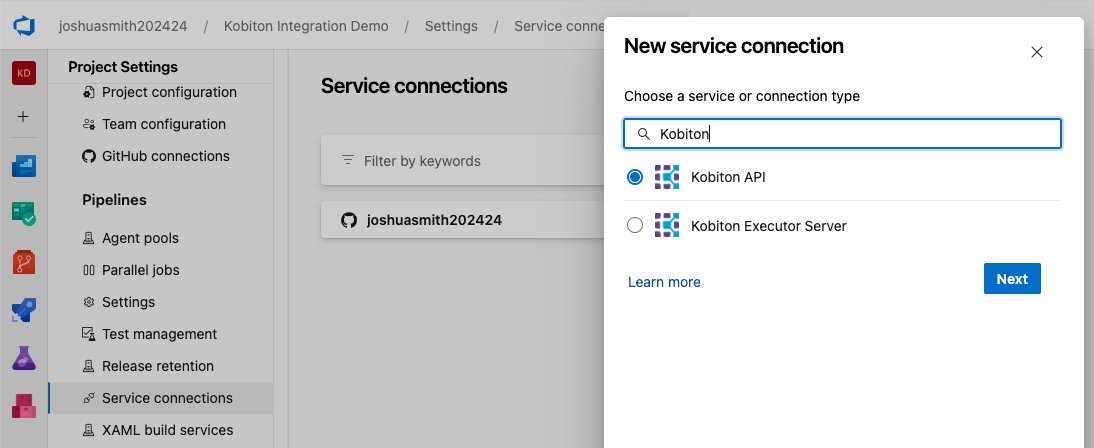 Search for Kobiton, then create a connections for Kobiton API and Kobiton Executor Server