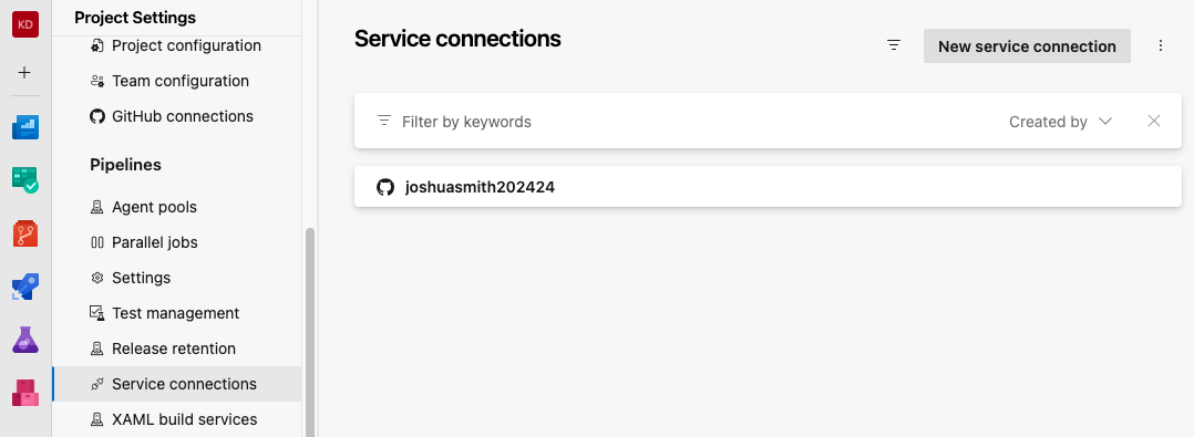 Select Service connections under Pipelines and then Create a service connection