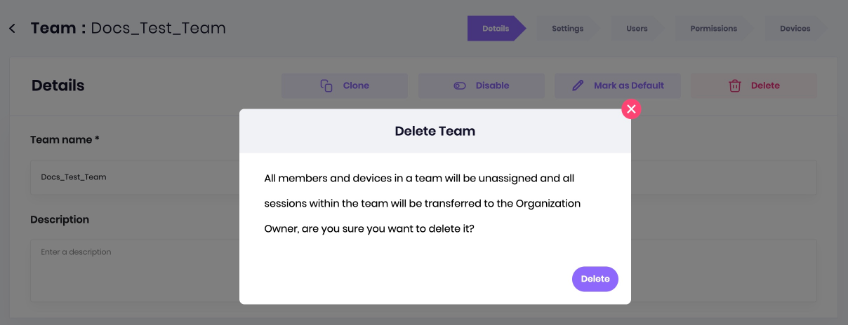 Select Delete to delete a team
