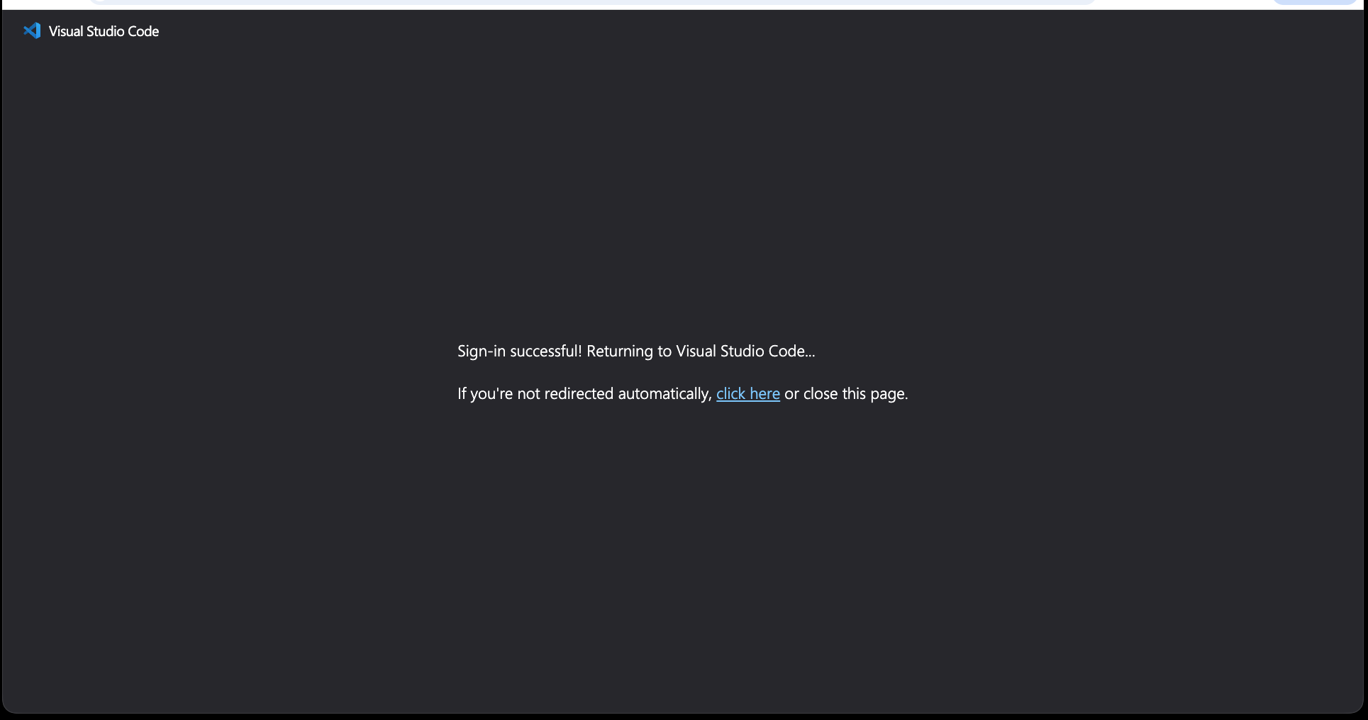 Browser page showing successful Kobiton sign-in returning control to VS Code