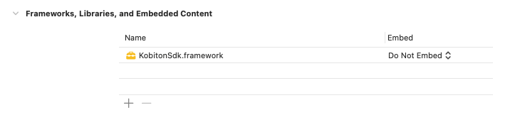 The Frameworks, Libraries, and Embedded Content section with the Kobiton SDK framework included