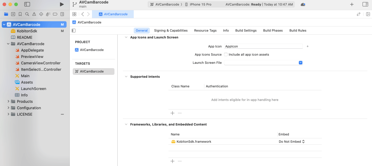 The General tab in project settings, with the Frameworks, Libraries, and Embedded Content section visible