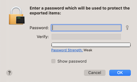 Enter a password to protect the certificate, or leave the fields blank and select <strong>OK</strong>