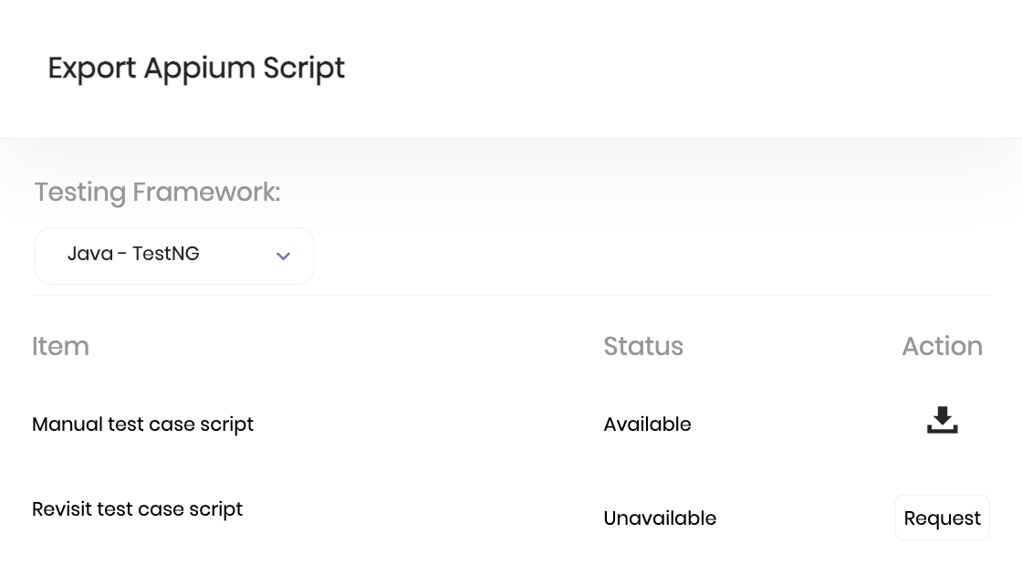 The export Appium script diologue, allowing you to download the Appium script.