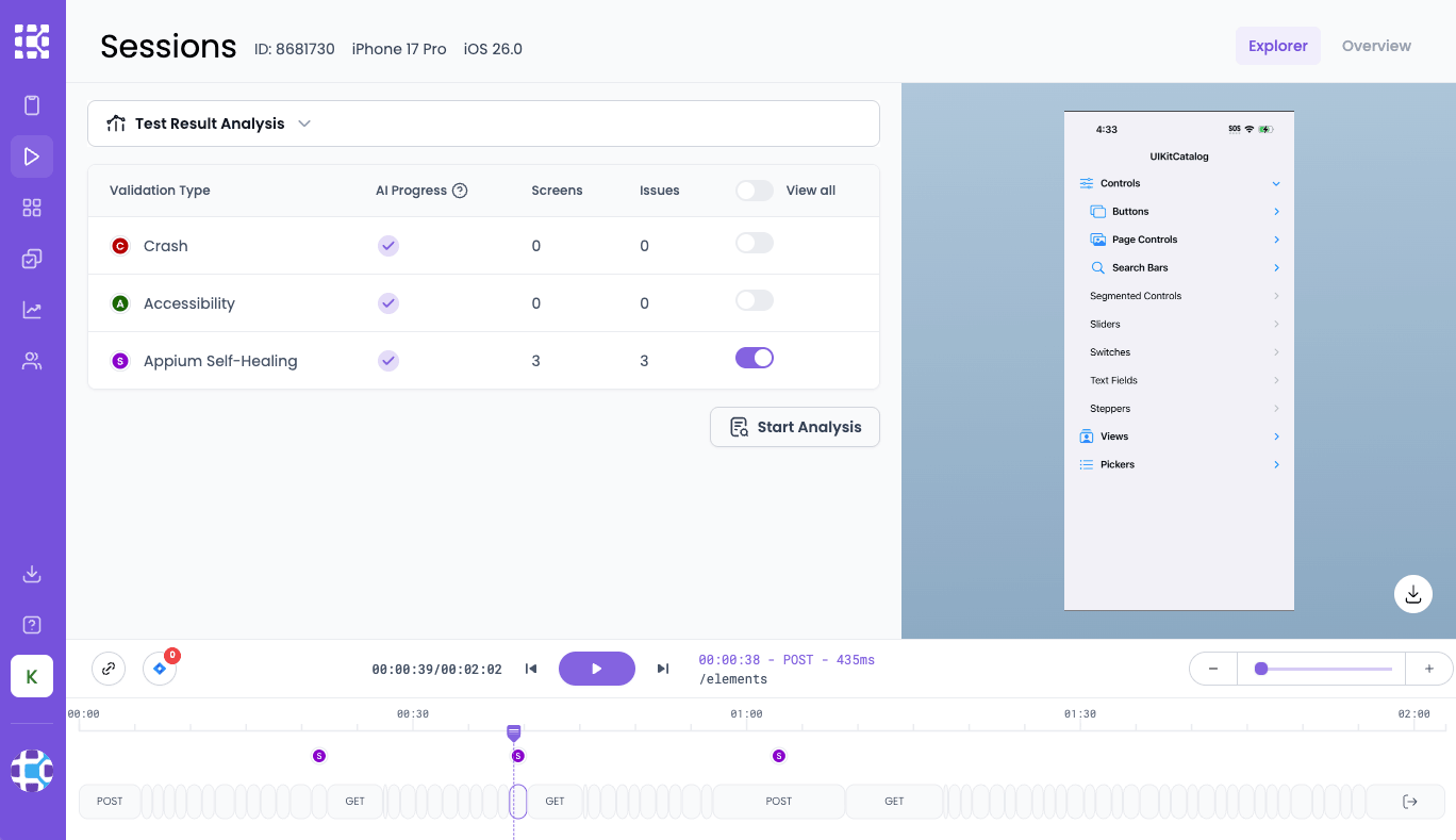 Session Explorer showing the Appium Self-Healing issue count