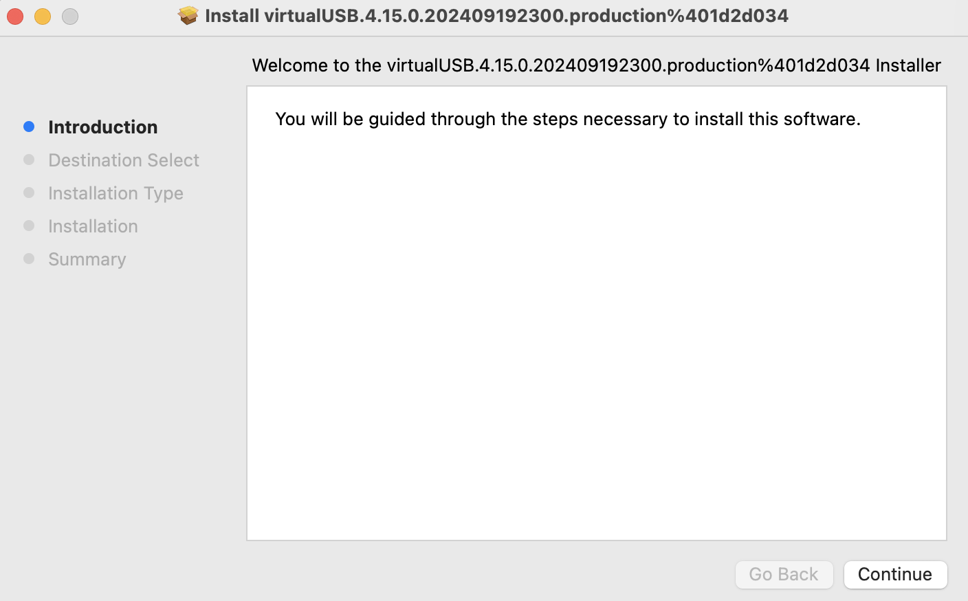 The virtualUSB installation screen on MacOS
