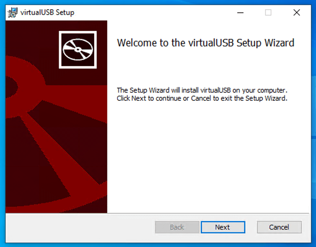 The virtualUSB installationw wizard start screen on Windows