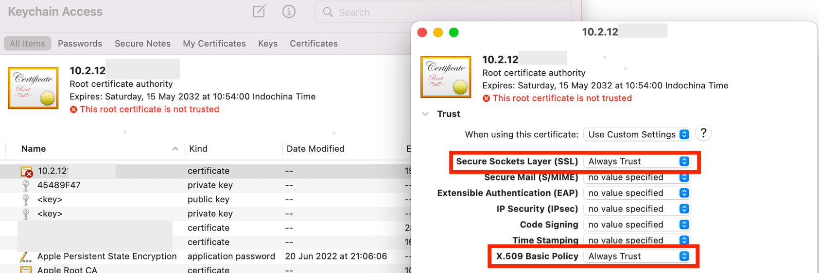 The trust option for the imported certificate in keychain access with the 2 options set as Always Trust