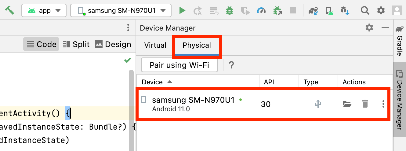 The list of physical device in Android Studio