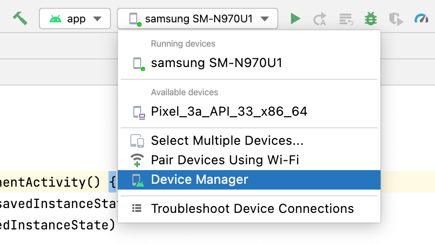 The Device Manager option in Android Studio