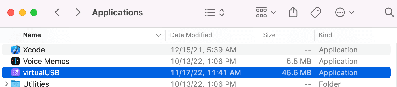 The virtualUSB app under Applications