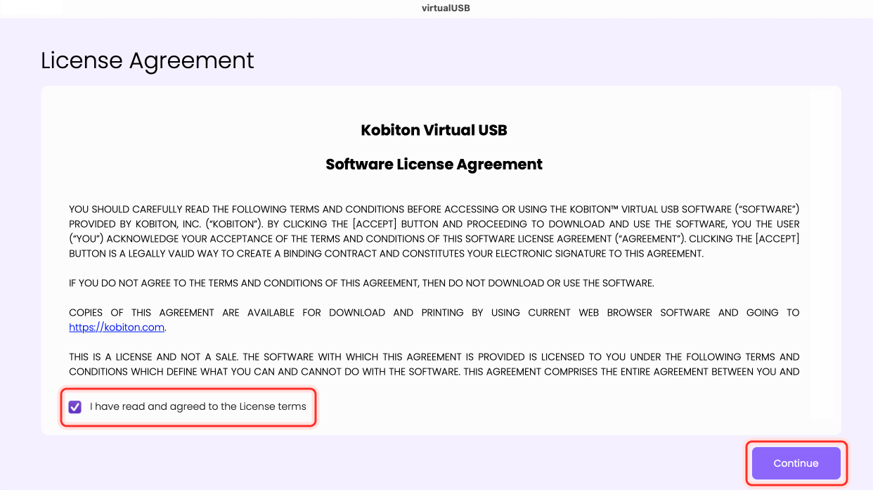 The virtualUSB License agreement with the accept option checked