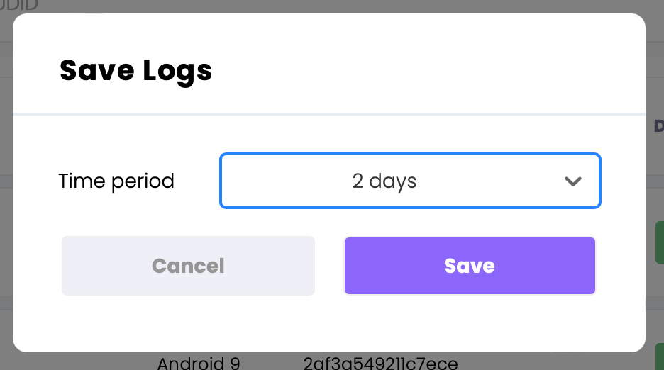 The time period dropdown in the save logs pop-up