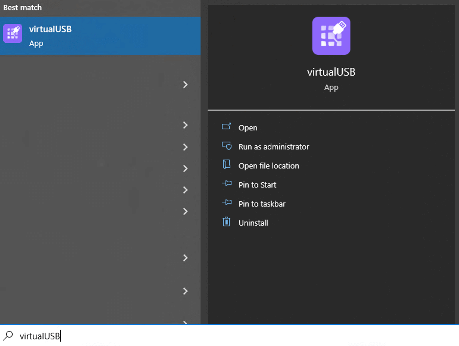 The virtualUSB app in the Start Menu