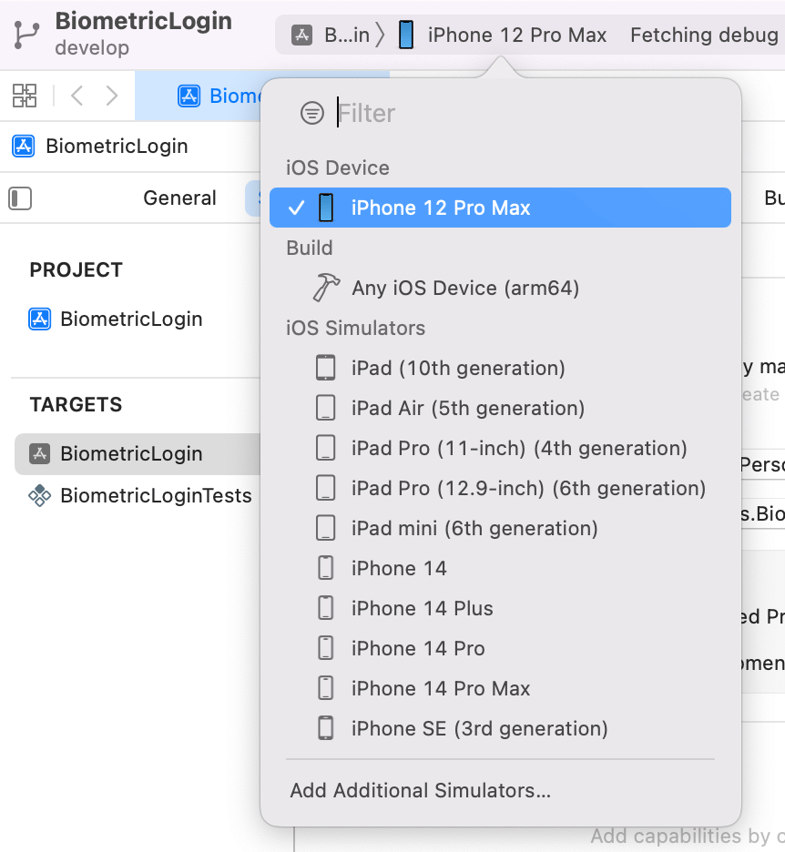 The list of devices in Xcode