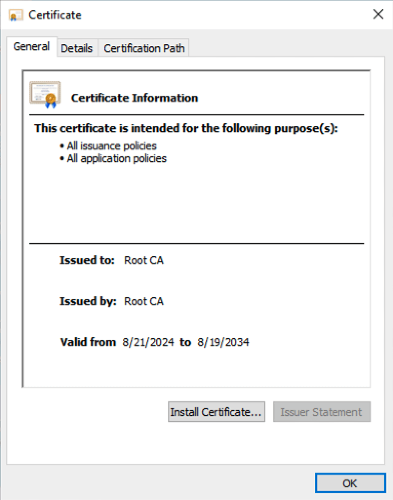 The certificate information screen with an option to Install Cerficicate