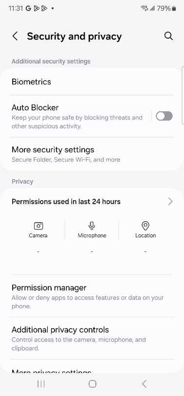 The Auto Blocker security feature is disabled in the Security and Privacy settings on Android.