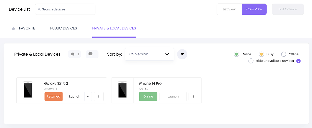 An available device with the Launch button disabled