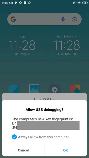 Allow USB debugging popup on the device screen
