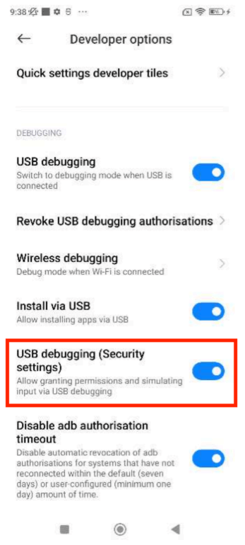 Enabling Install via USB and USB Debuigging (security setting) inside Developer Options