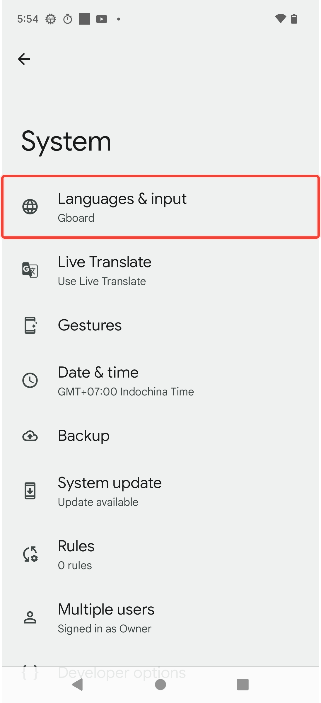 Selecting Language & Input options in System settings