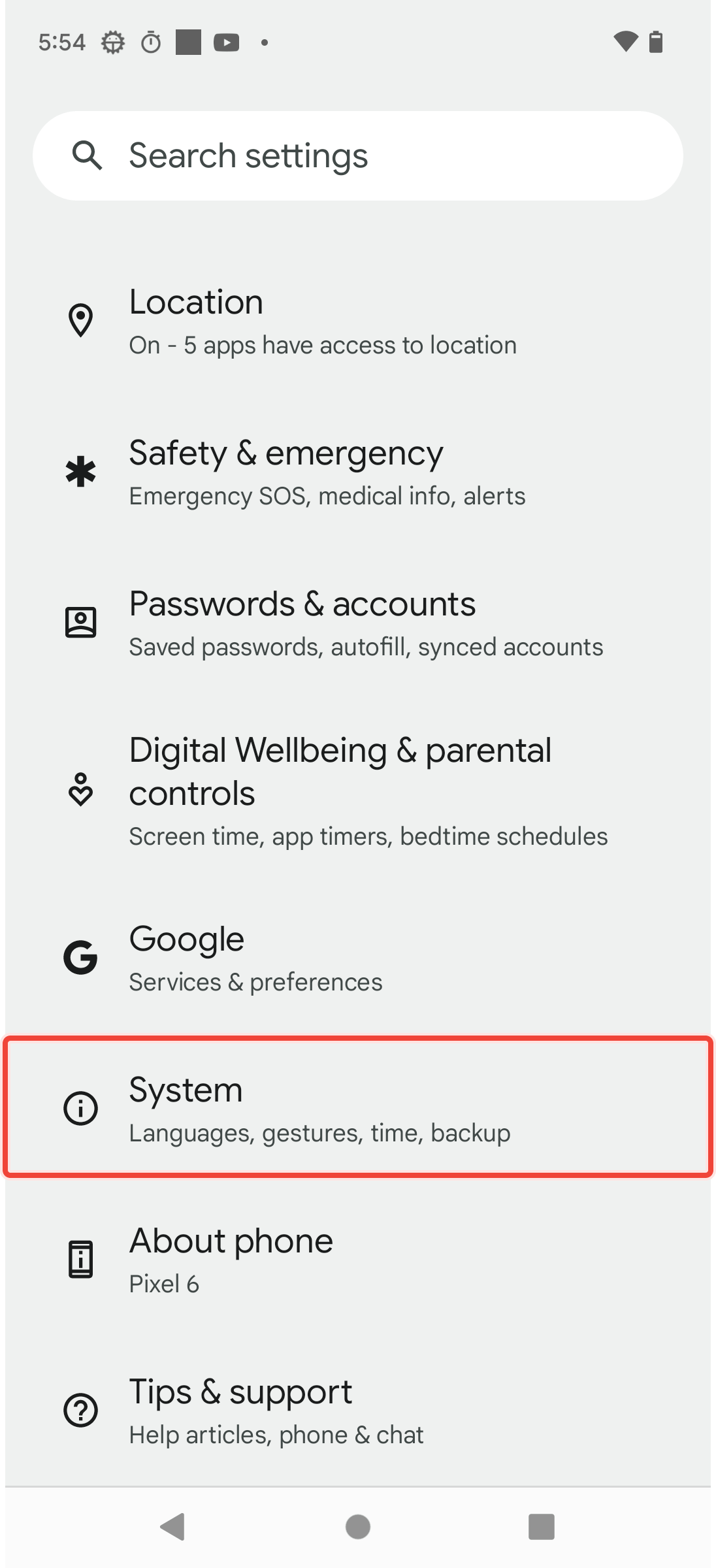 Selecting System options inside Settings