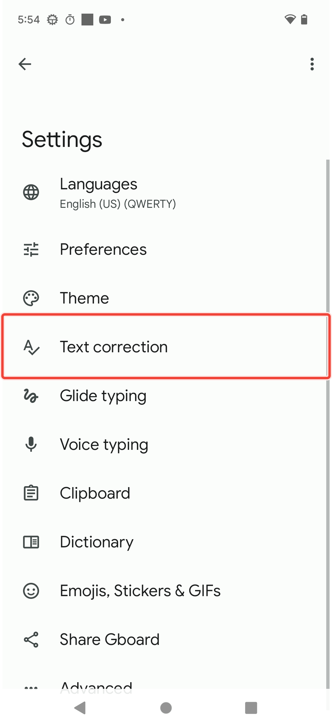 In Settings selecting Text Correction
