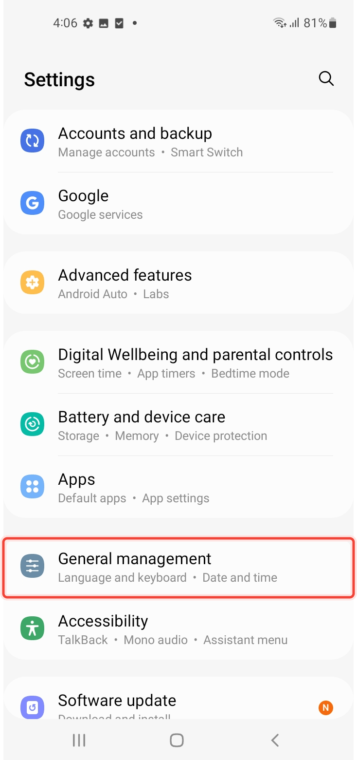 Going to General management option inside Settings