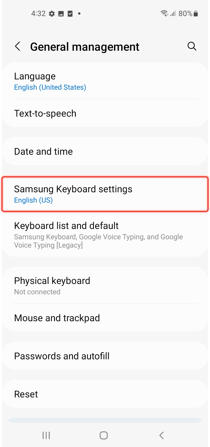 Inside Genereal management selecting Samsung Keyboard settings