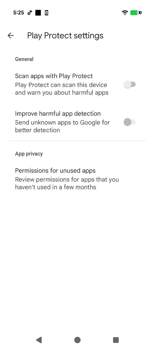 The Play Protect settings screen with the options Scan apps with Play Protect and Improve harmful app detection turned off