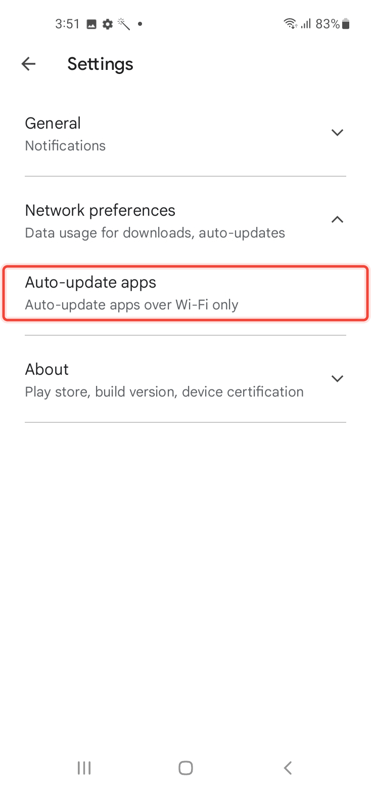 Turning of Auto-updates for apps in Google Play Settings