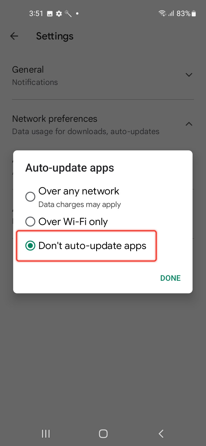 Setting the Auto-update apps selection to Don’t auto-update apps