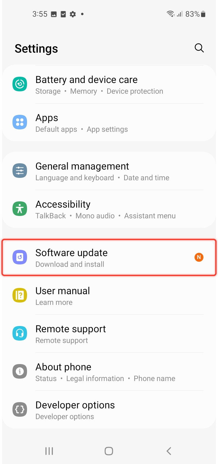 Going to Software Update inside Settings