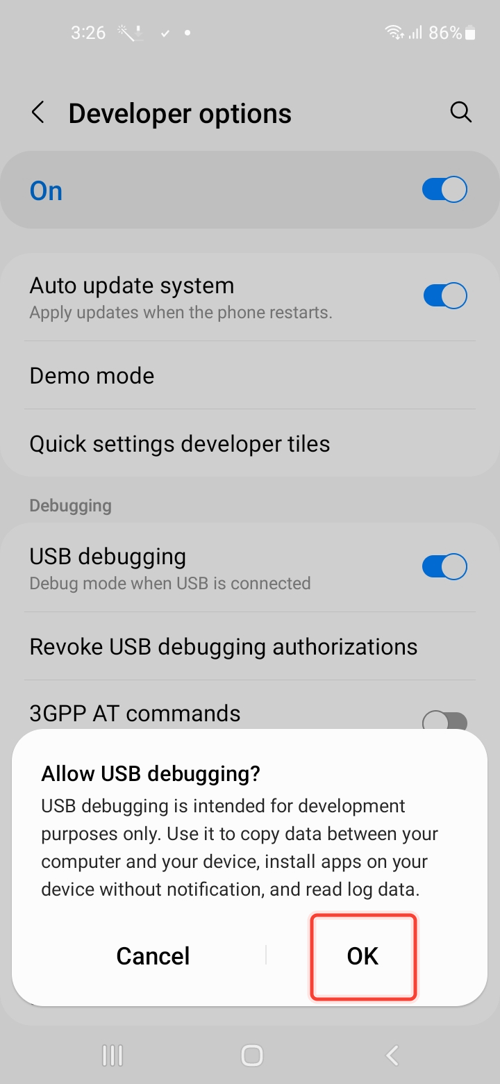 Confirmation popup to allow USB Debugging