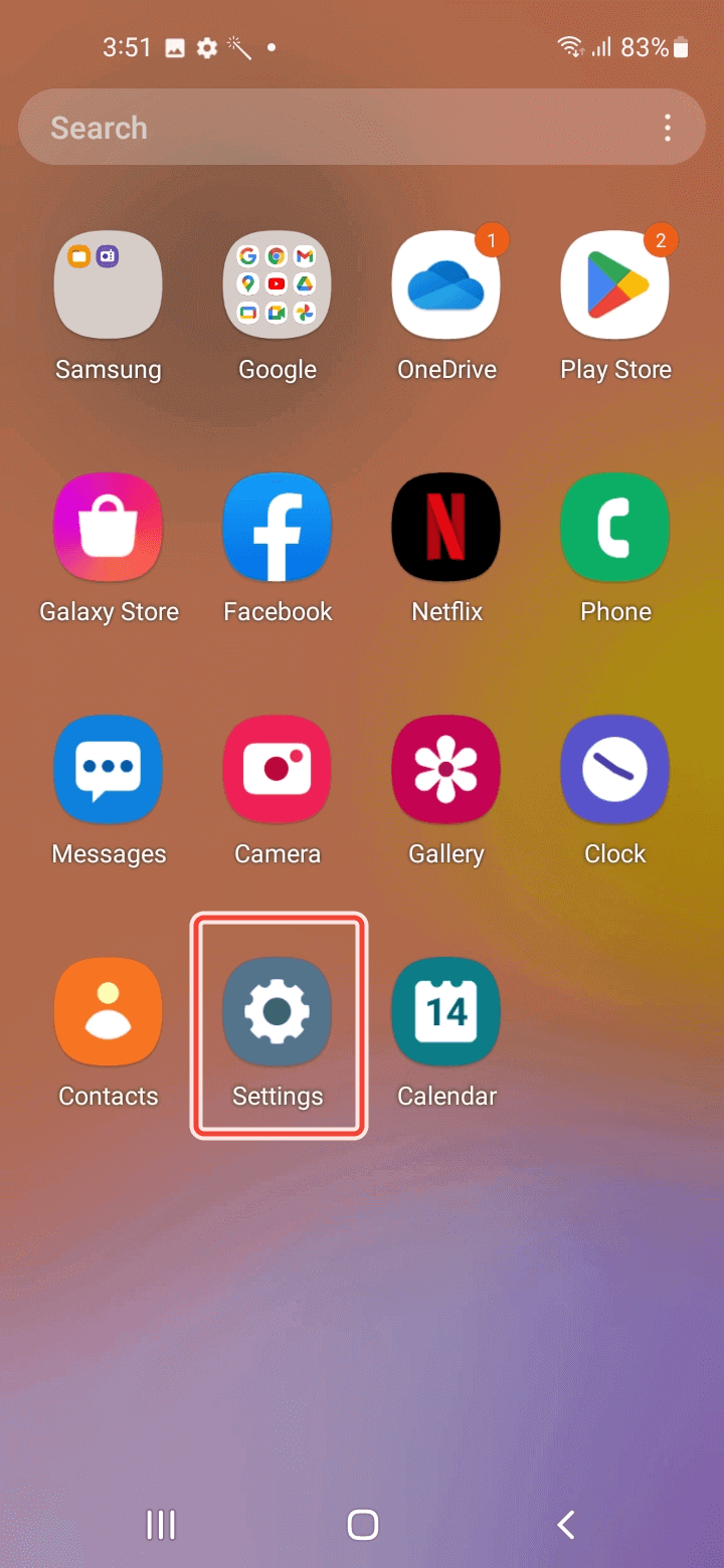 The Settings app in the home screen