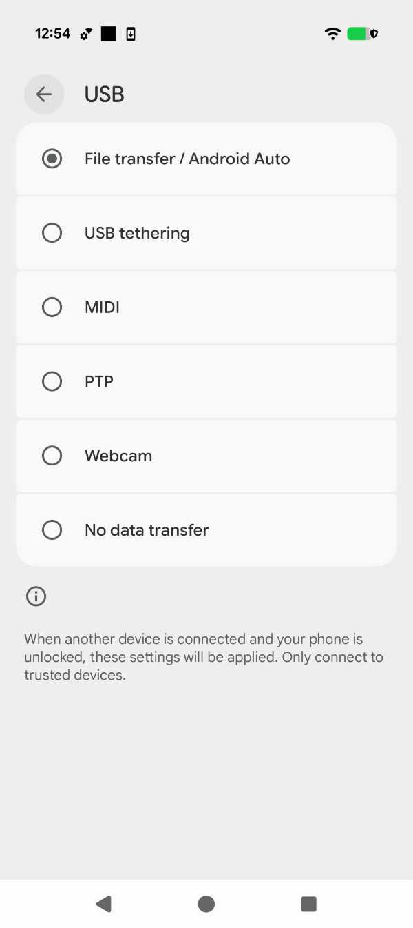 The option File transfer / Android Auto selected under USB configuration screen