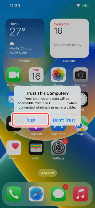 Trust this computer popup, clicking Trust