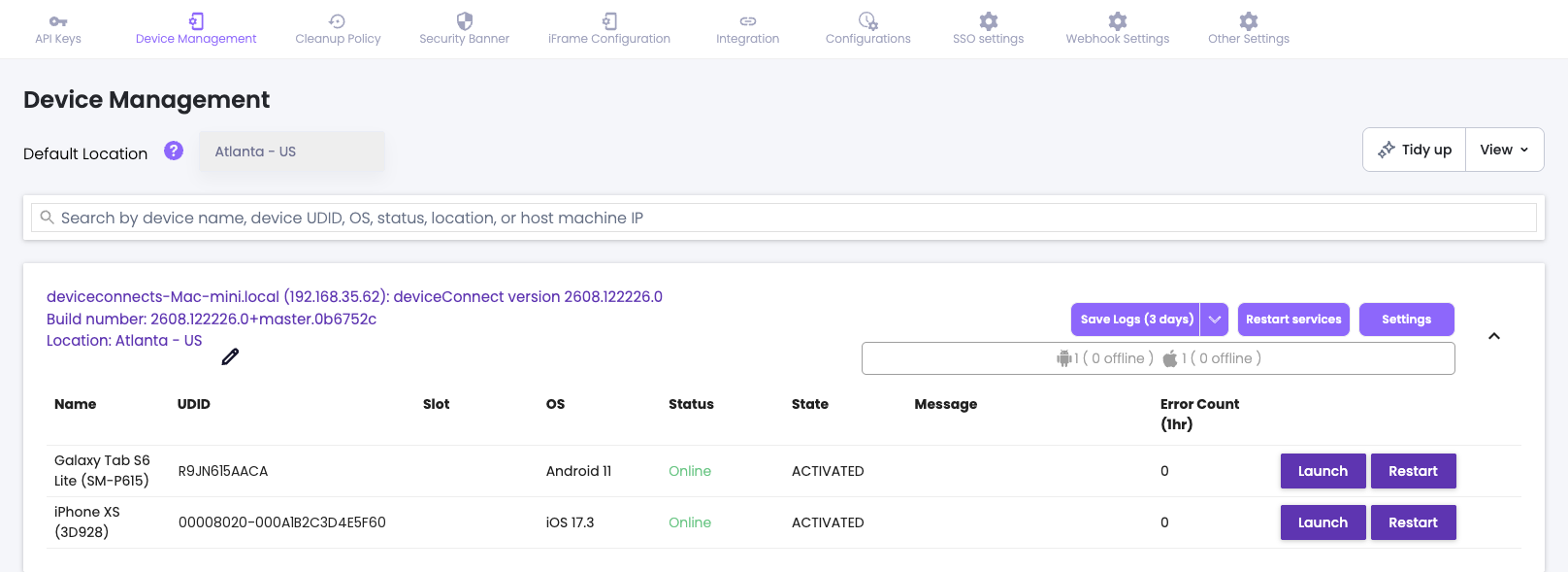 The Device Management tab selected in Settings, with the page listing one host machine and its devices