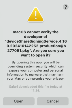 The confirmation pop-up with the Open option
