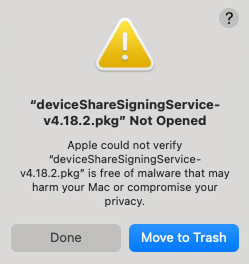 The pop-up that warns about package not opened with the Done and Move to Trash options