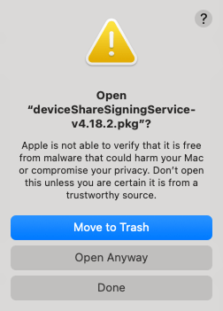 The confirmation pop-up with the Open Anyway option