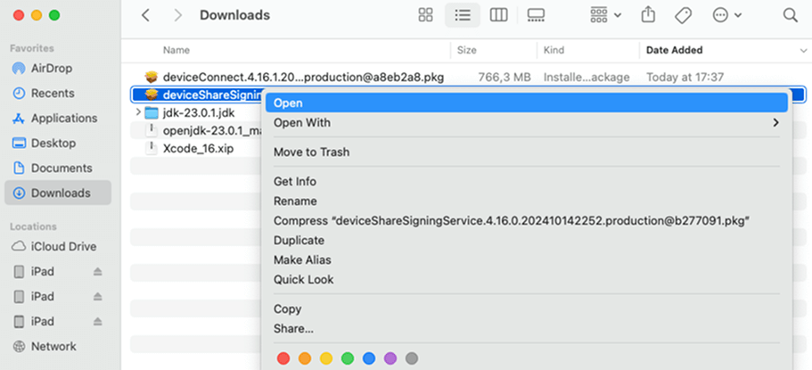 The Open option after right-clicking the package in Finder