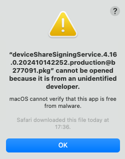 The pop-up with warning about software from unidentified developer