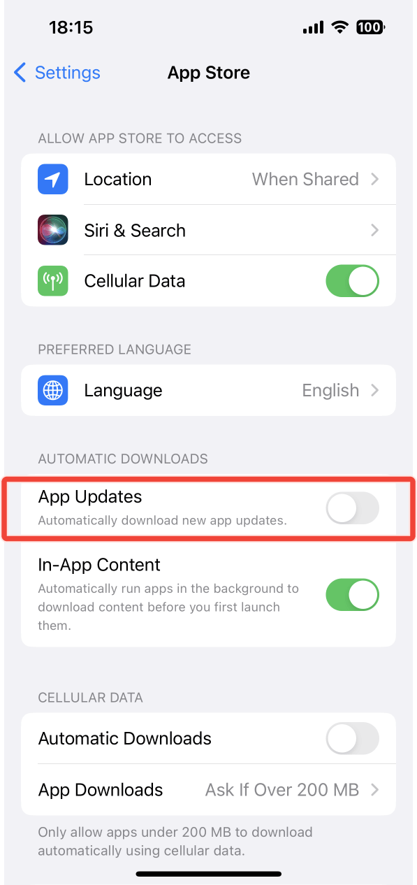 The App Updates switched off in the App Store settings