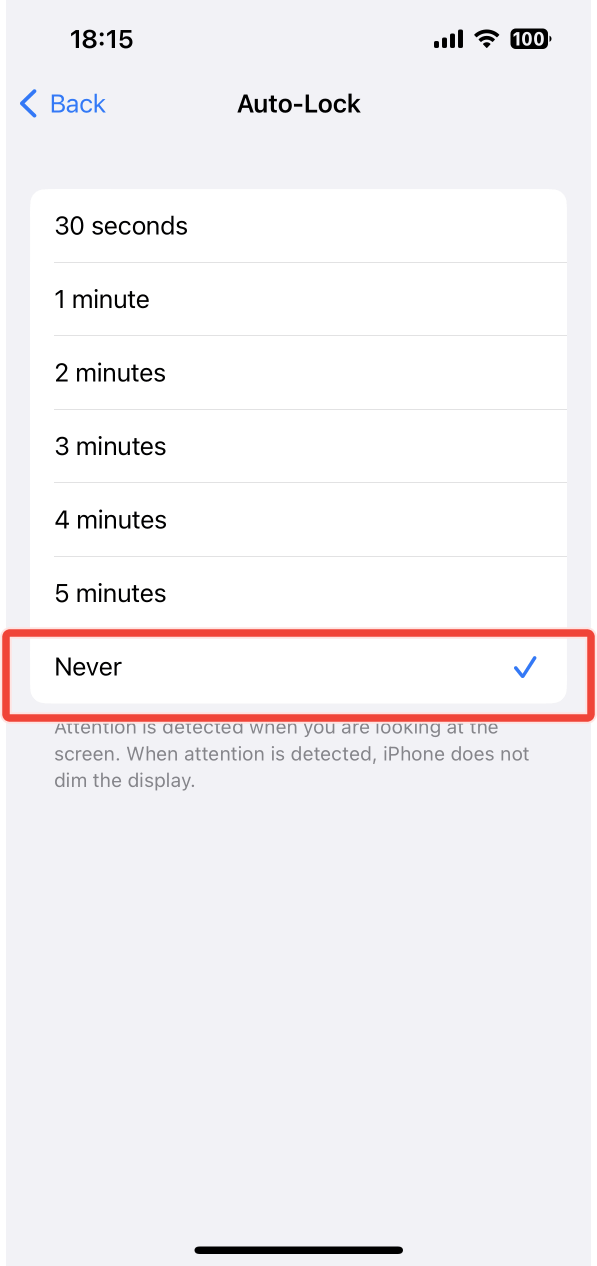 The Never option selected under the Auto-Lock settings