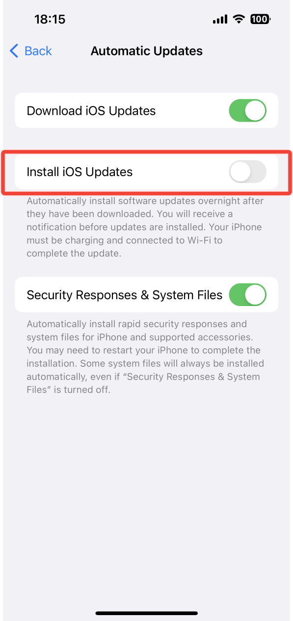 The Install iOS updates  switched off in the Automatic Updates screen