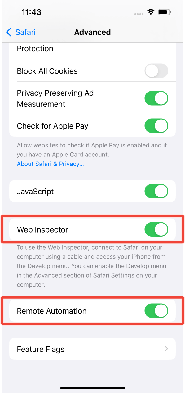 Web Inspector and Remote Automation switched on under Advanced Safari settings