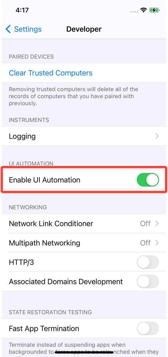 The Enable UI Automation option swiched on under Developer settings for iOS below 16 device